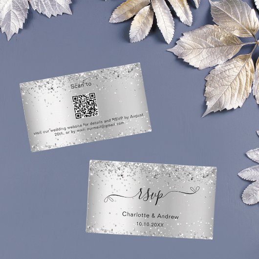 Carte D'accompagnement Site mariage étincelant Silver RSVP QR code