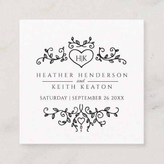Carte D'accompagnement Site mariage QR code coeur feuille monogramme noir (Devant)