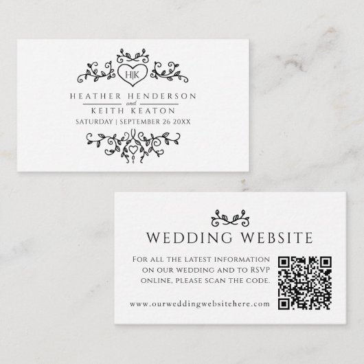Carte D'accompagnement Site mariage QR code feuille coeur monogramme mono (Devant / Derrière)