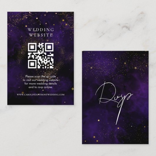 Carte D'accompagnement Site mariage Qr Code foncé violet magique or (Devant / Derrière)