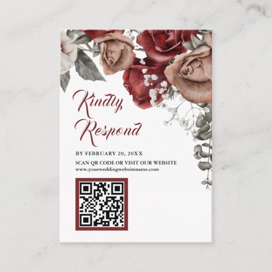 Carte D'accompagnement Site Web de Mariage avec Code QR RSVP Fleurs Rouge (Devant)