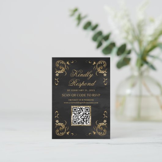Carte D'accompagnement Site Web de Mariage Code QR RSVP Or Noir (Debout devant)