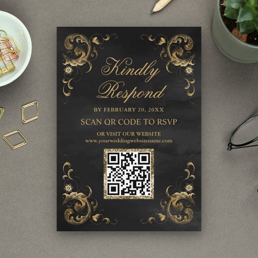 Carte D'accompagnement Site Web de Mariage Code QR RSVP Or Noir