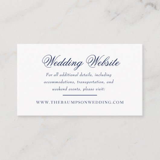 Carte D'accompagnement Site Web de Mariage de script blanc et marine (Devant)