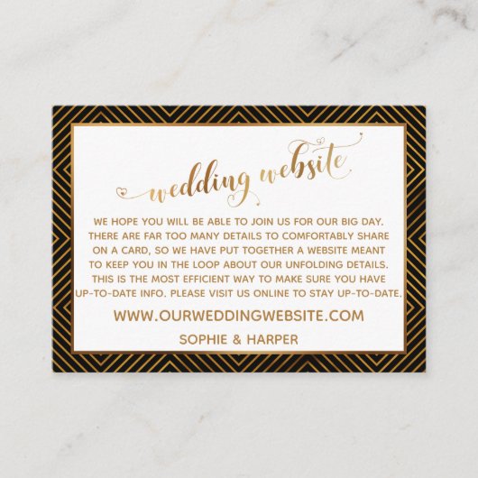 Carte D'accompagnement Site Web de Mariage Noir Script Cœurs Diamants Or (Devant)
