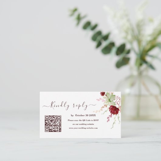 Carte D'accompagnement Site Web de Mariage RSVP Code QR Bourgogne Rustiqu (Debout devant)