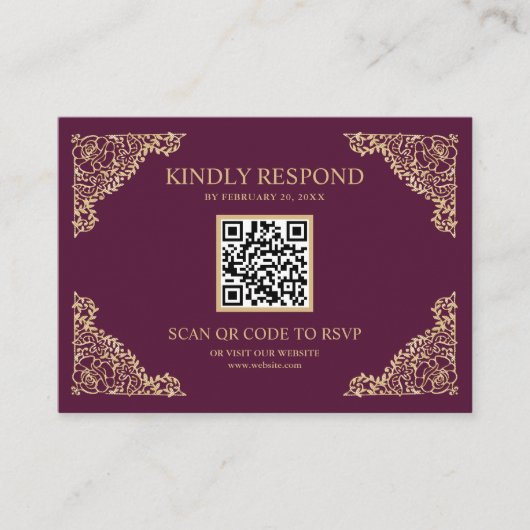 Carte D'accompagnement Site Web de Réponse Mariage Code QR Cadre Prune et (Devant)