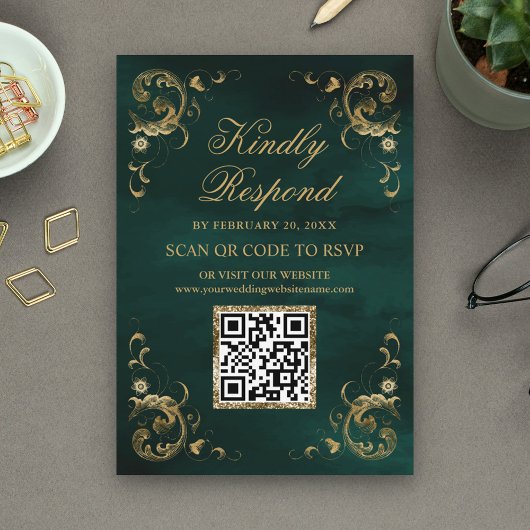 Carte D'accompagnement Site Web de Réponse Mariage Code QR Or Vert Émerau