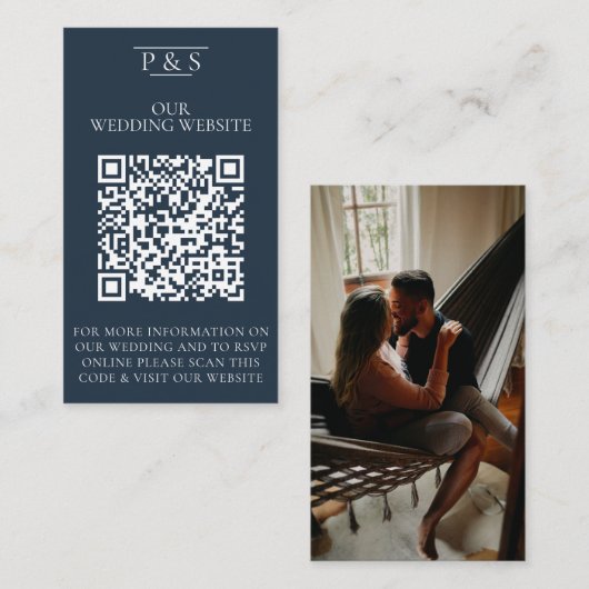 Carte D'accompagnement Site Web Mariage bleu Marine Code QR Photo Rsvp (Devant / Derrière)