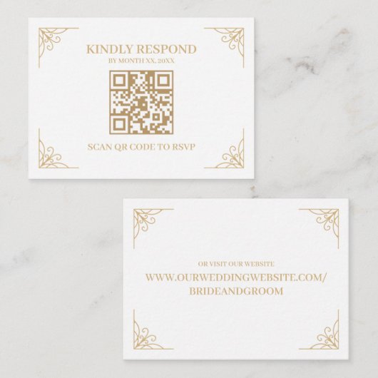 Carte D'accompagnement Site Web Mariage de code QR blanc et or RSVP (Devant / Derrière)