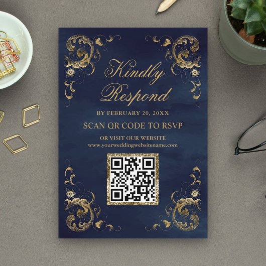 Carte D'accompagnement Site Web Mariage de Navy Blue Gold QR Code RSVP