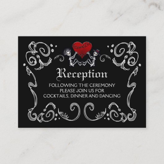 Carte D'accompagnement Skeletons d'Halloween & Réception Coeur Noir Blanc (Devant)