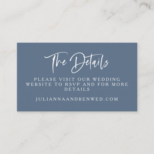 Carte D'accompagnement Slate Blue Moderne Script Lettres Site Mariage (Devant)