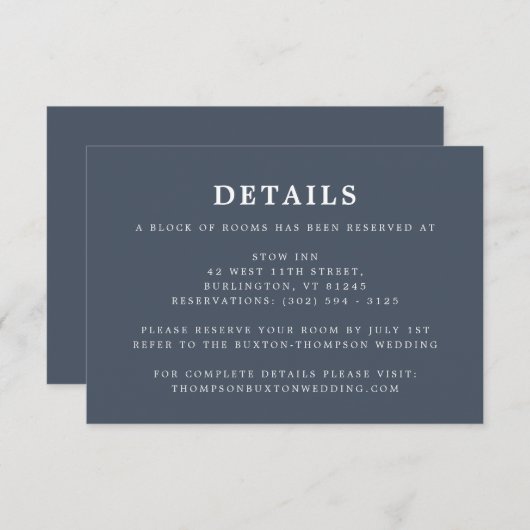 Carte D'accompagnement Smoky Navy Blue Simple Mariage Détails Information (Devant / Derrière)