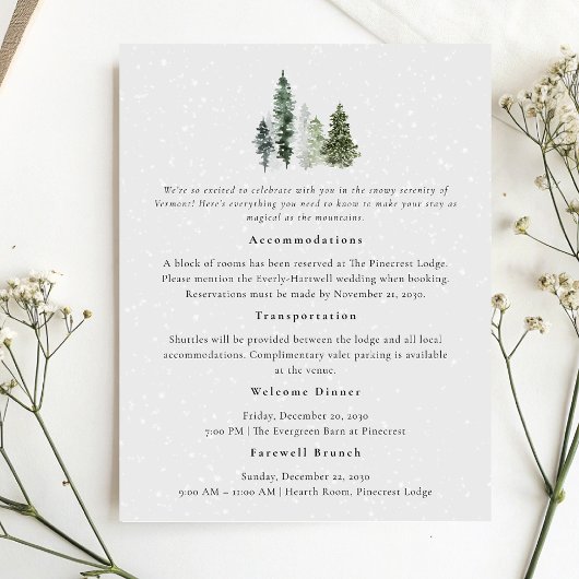 Carte D'accompagnement Snowy Pine Tree Détails du mariage d'hiver