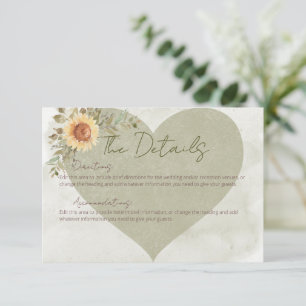 Carte D'accompagnement Soft Sunflowers Boho Heart Détails du Mariage