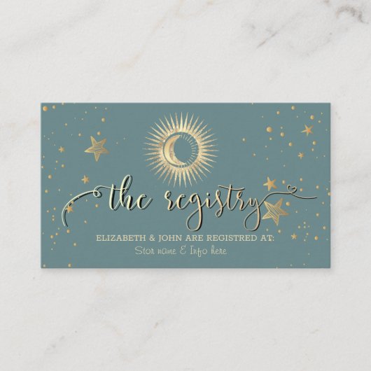 Carte D'accompagnement Soleil Or Céleste Et Étoiles Lune Mint Vert (Devant)
