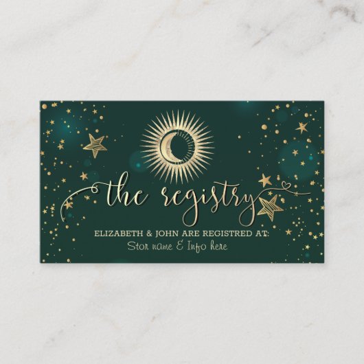 Carte D'accompagnement Soleil Or Céleste Et Étoiles Lune Vert (Devant)