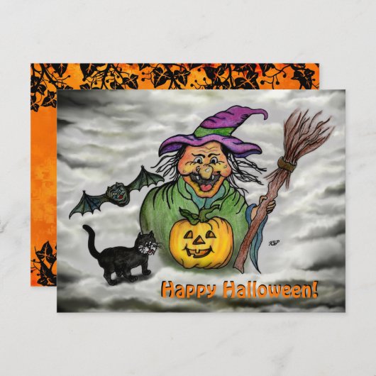 Carte D'accompagnement Sorcière, Chat, Chauve-souris et Citrouille, Bonne (Devant / Derrière)