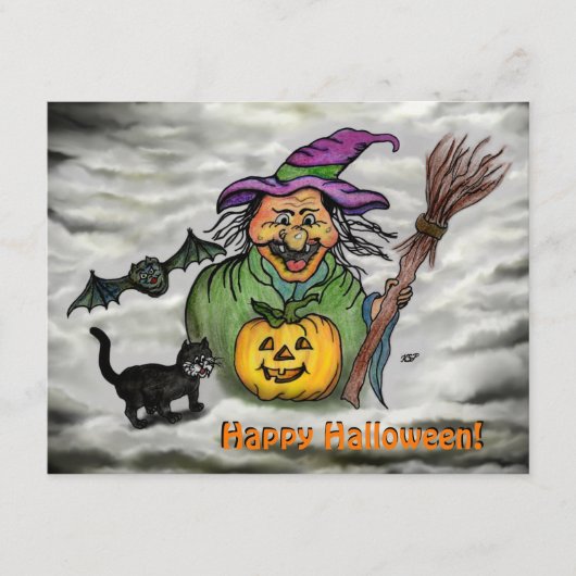 Carte D'accompagnement Sorcière, Chat, Chauve-souris et Citrouille, Bonne (Devant)