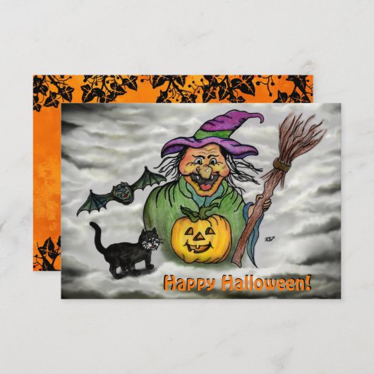 Carte D'accompagnement Sorcière, Chat, Chauve-souris et Citrouille, Bonne (Devant / Derrière)