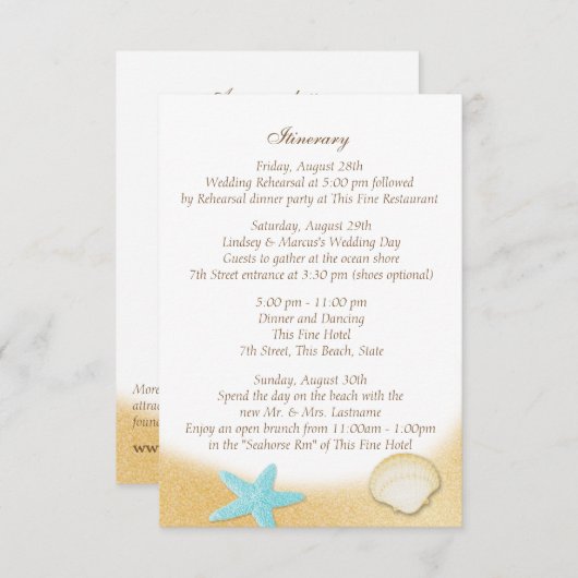 Carte D'accompagnement Sparkle Beach Seashell Aqua Mariage Intinéraire (Devant / Derrière)