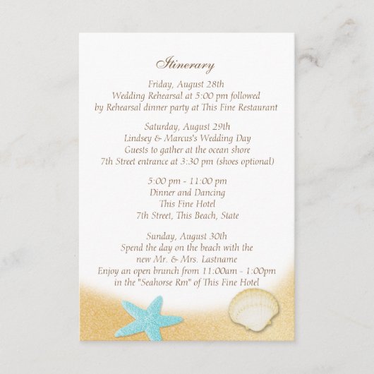 Carte D'accompagnement Sparkle Beach Seashell Aqua Mariage Intinéraire (Devant)