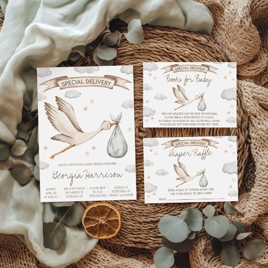 Carte D'accompagnement Special Delivery! Brown & Tan Stork Diaper Raffle