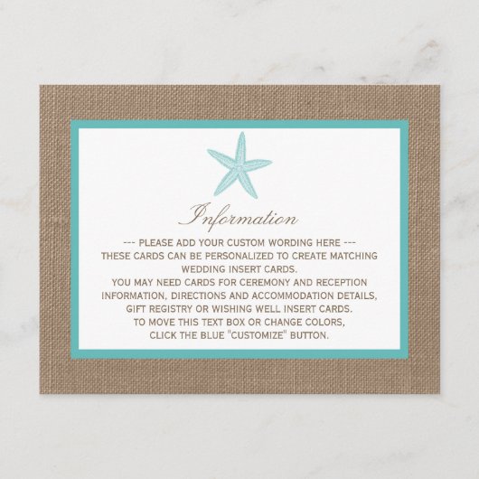 Carte D'accompagnement Starfish Turquoise Burlap Beach Wedding Collection (Devant)