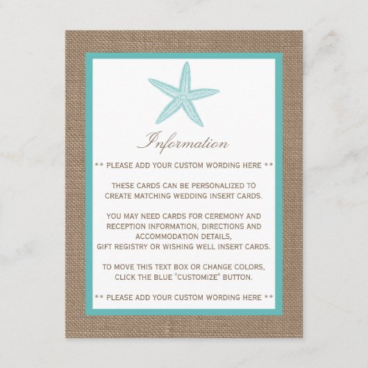 Carte D'accompagnement Starfish Turquoise Burlap Beach Wedding Collection (Devant)