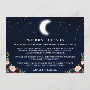 Carte D'accompagnement Stars de lune céleste Détails du Mariage floral