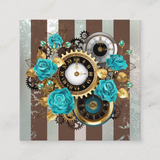 Carte D'accompagnement Steampunk Clock and Turquoise Roses on Striped (Devant)