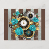 Carte D'accompagnement Steampunk Clock and Turquoise Roses on Striped (Devant)