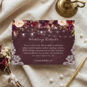 Carte D'accompagnement String Lights Burgundy Floral Lace Détails du Mari