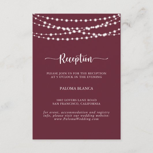 Carte D'accompagnement String Lights Burgundy Mariage Réception (Devant)