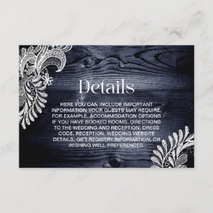 Carte D'accompagnement Style Blue Wood dentelle Mariage Détails
