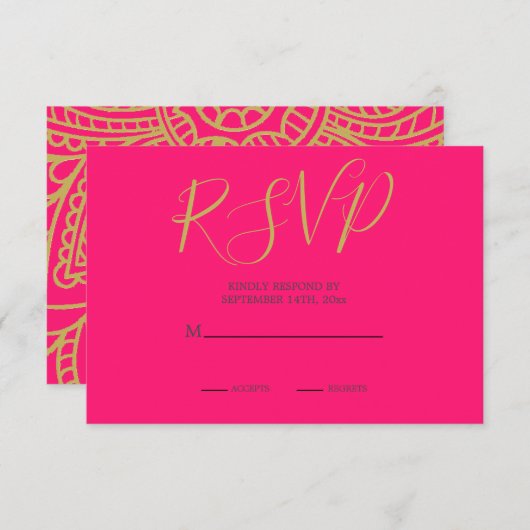Carte D'accompagnement Style indien Rose or couleur Mariage moderne RSVP (Devant / Derrière)