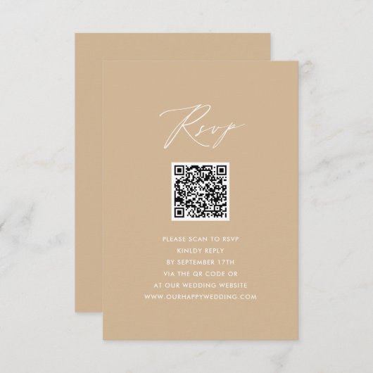 Carte D'accompagnement Style moderne Beige Élégant Script Simple QR Weddi (Devant / Derrière)