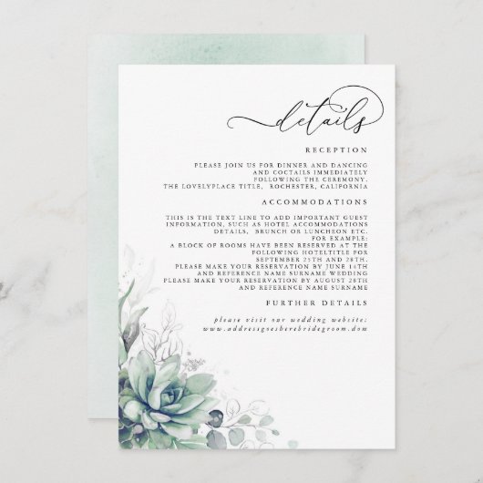 Carte D'accompagnement Succulent Verdure Argent Feuille Détails Mariage (Devant / Derrière)