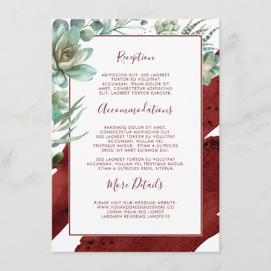 Carte D'accompagnement Succulents Verdure Bourgogne Information Mariage (Devant)
