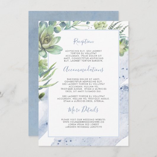 Carte D'accompagnement Succulents Verdure Dusty Blue Informations Mariage (Devant / Derrière)