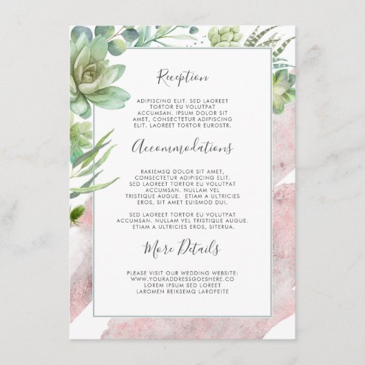 Carte D'accompagnement Succulents Verdure Rose Or Mariage Information (Devant)