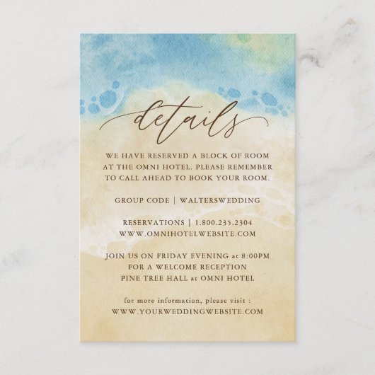 Carte D'accompagnement Summer Watercolor Beach Détails du mariage (Devant)