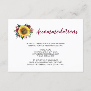 Carte D'accompagnement Sunflower Bourgogne Rose Mariage Hébergements