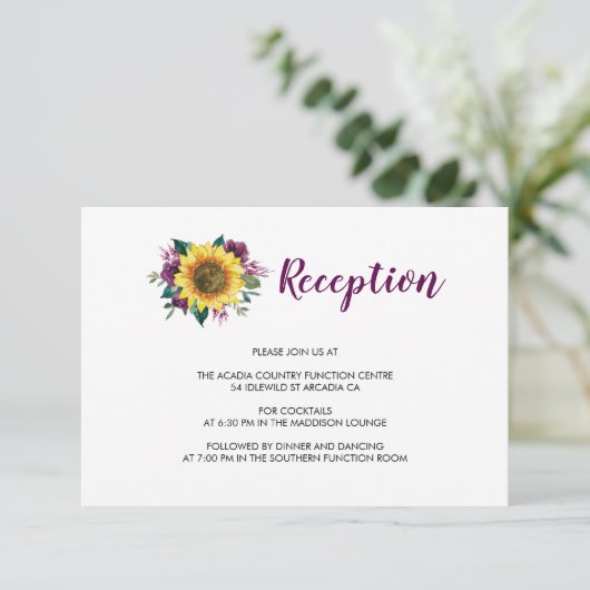 Carte D'accompagnement Sunflower Plum Roses Floral Mariage Réception (Debout devant)
