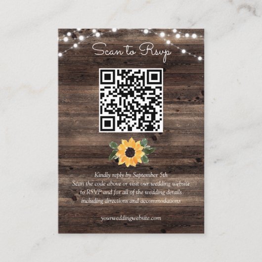 Carte D'accompagnement Sunflower Rustic Wood Mariage QR Code RSVP (Devant)