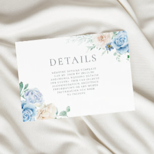 Carte D'accompagnement Superbe Mariage blanc & bleu Floral Détails