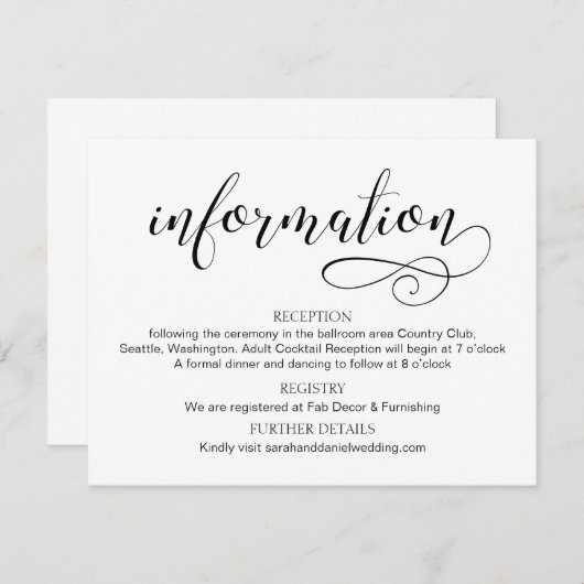 Carte D'accompagnement Swirl Typographie Mariage Information Card Script (Devant / Derrière)