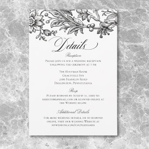 Carte D'accompagnement Tapisserie vintage noir et blanc Mariage Floral