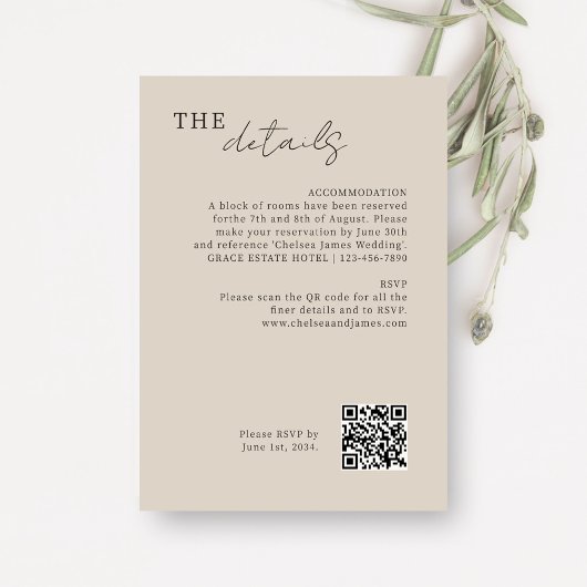 Carte D'accompagnement Taupe | Code QR Mariage minimal chic